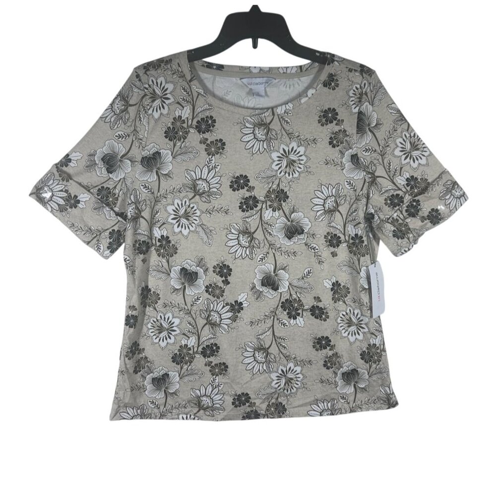 Liz Claiborne Blouse Women's Large Floral Beige & Black Short Sleeve Top NEW